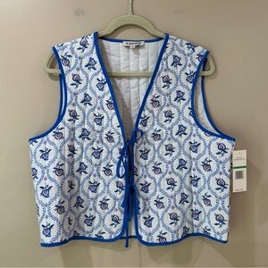 Nanette Lepore Quilted Vest Tie Front White Blue Floral Cotton Waistcoat Women L